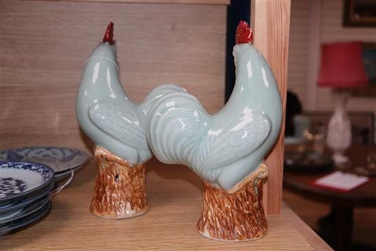 A pair of Chinese celadon chickens height 25cm